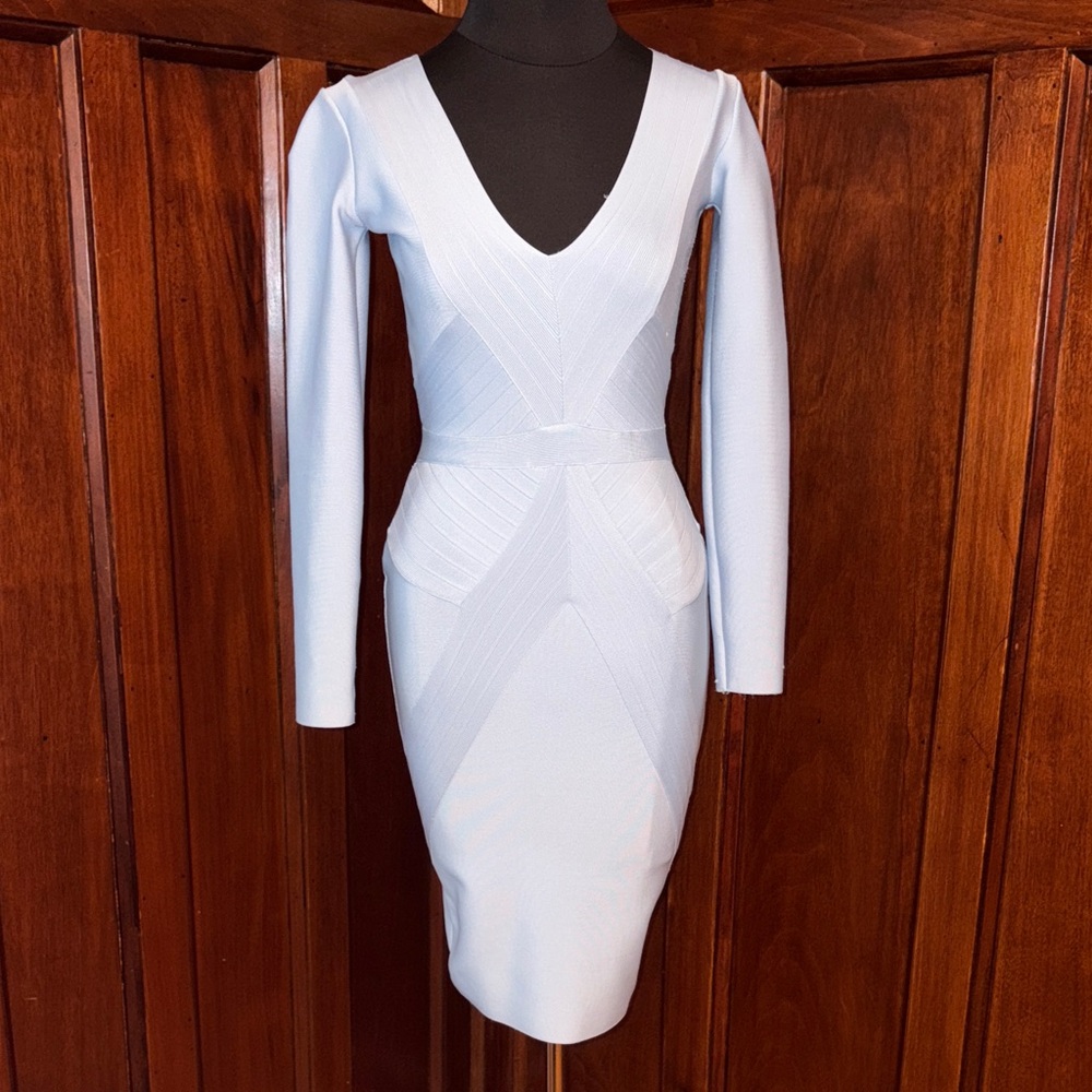 bebe Light Blue Long Sleeve V-Neck Bandage Dress